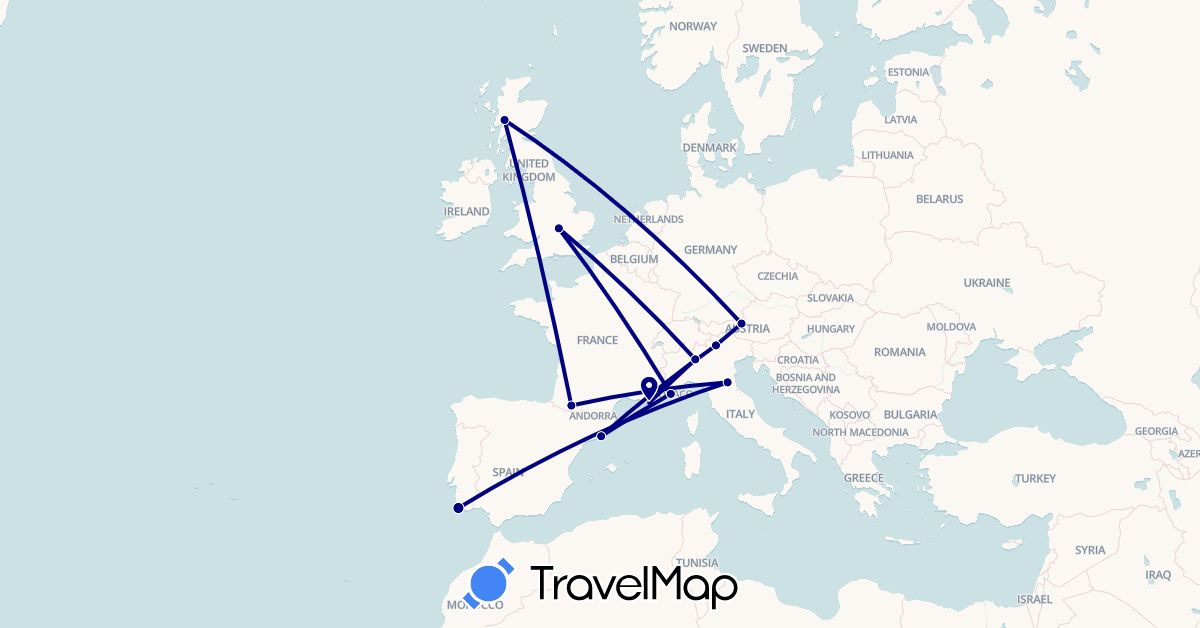 TravelMap itinerary: driving in Austria, Spain, France, United Kingdom, Italy, Monaco, Portugal (Europe)
